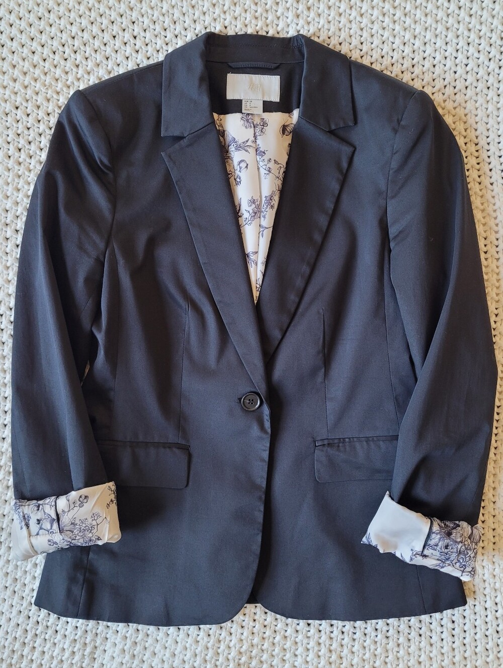 H&M Brushed Stretch Cotton Blazer w/ Floral Pattern Lining, Black/Ivory